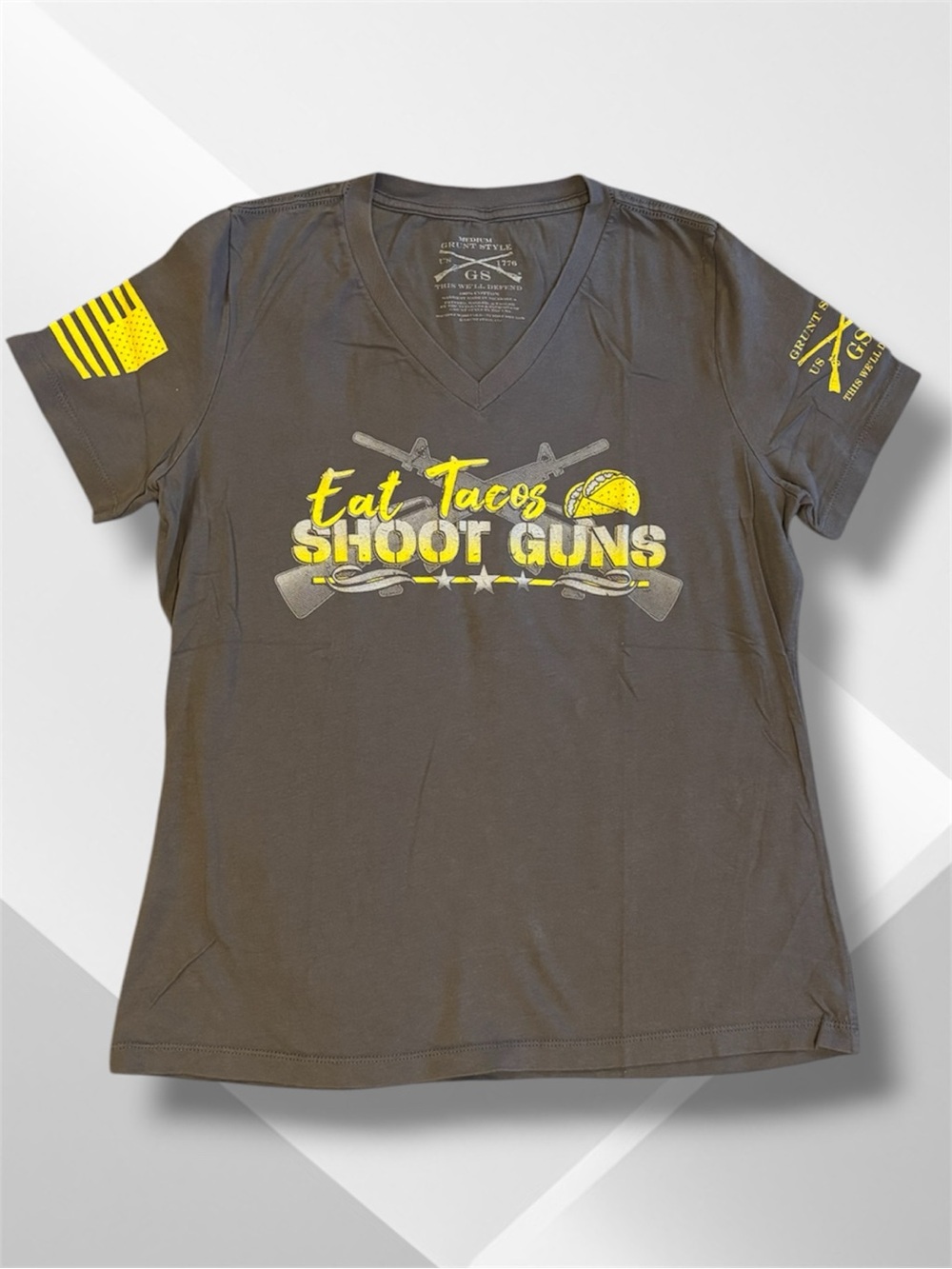 Grunt Style Eat Tacos Shoot Guns V-Neck Graphic Tee Gray Medium